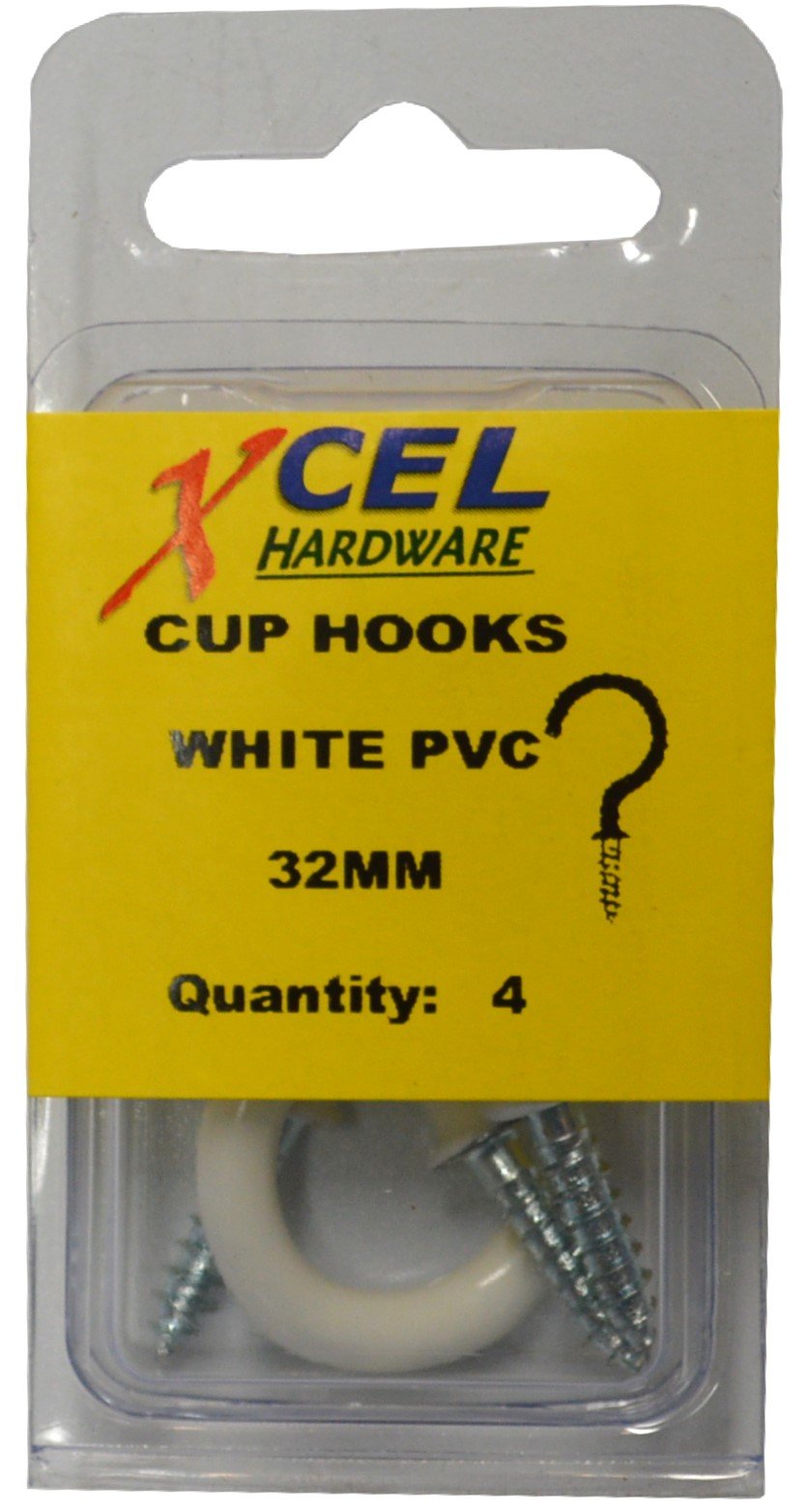 Cup Hook Round - White PVC Coated 4-pce 32mm Prepax
