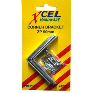 Corner Brackets - ZP with Screws 4-pce 50mm Carded Xcel
