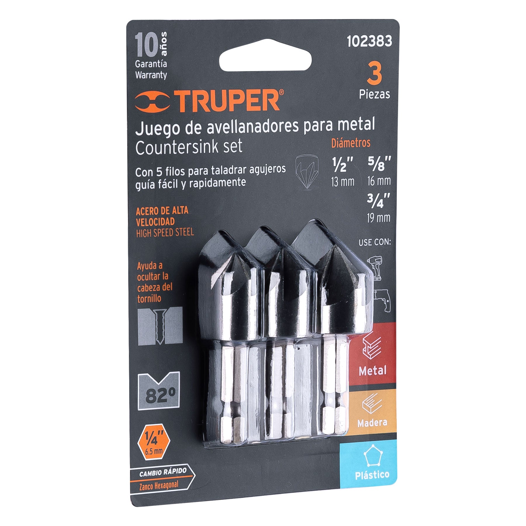 Countersink Bit Set HSS 3 pce 13 16 19mm Truper