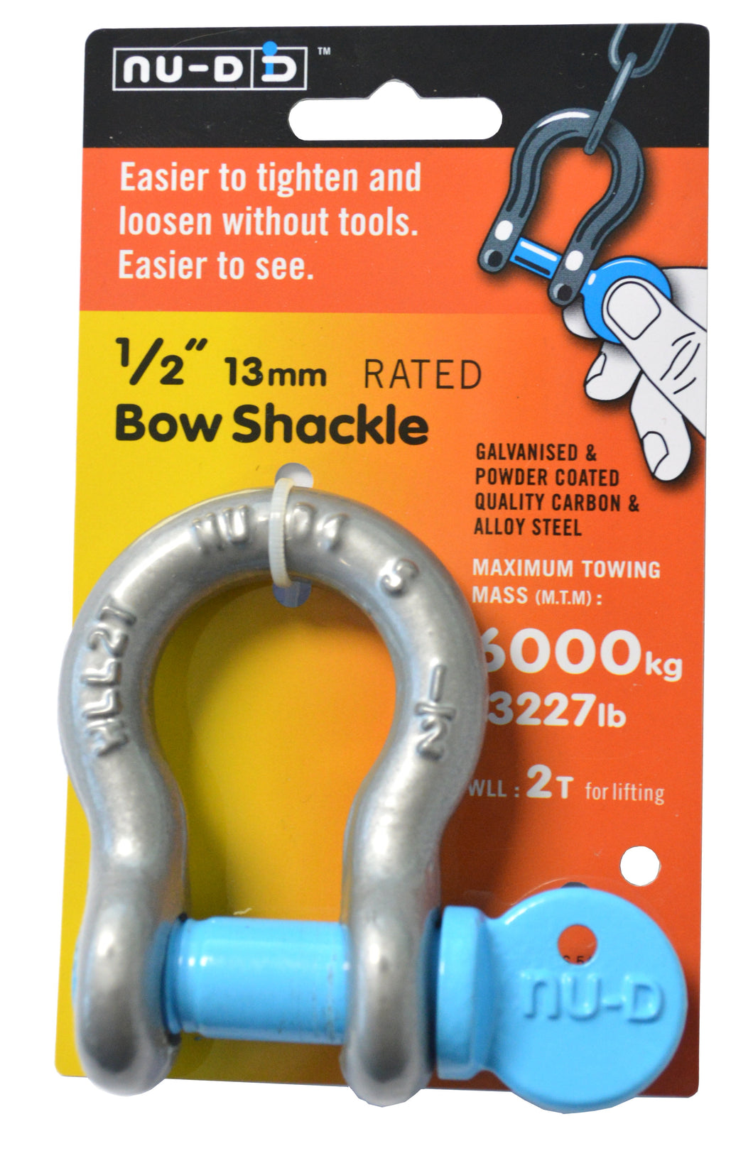 NU-D Bow Shackle Easy Tighten/Loosen Galvanised Tested WLL 2000Kg 13mm