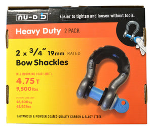 NU-D Bow Shackles Easy Tighten/Loosen Galvanised. 4 x 4 Recovery Kit. 2 pce pack Tested WLL 4750Kg 19mm