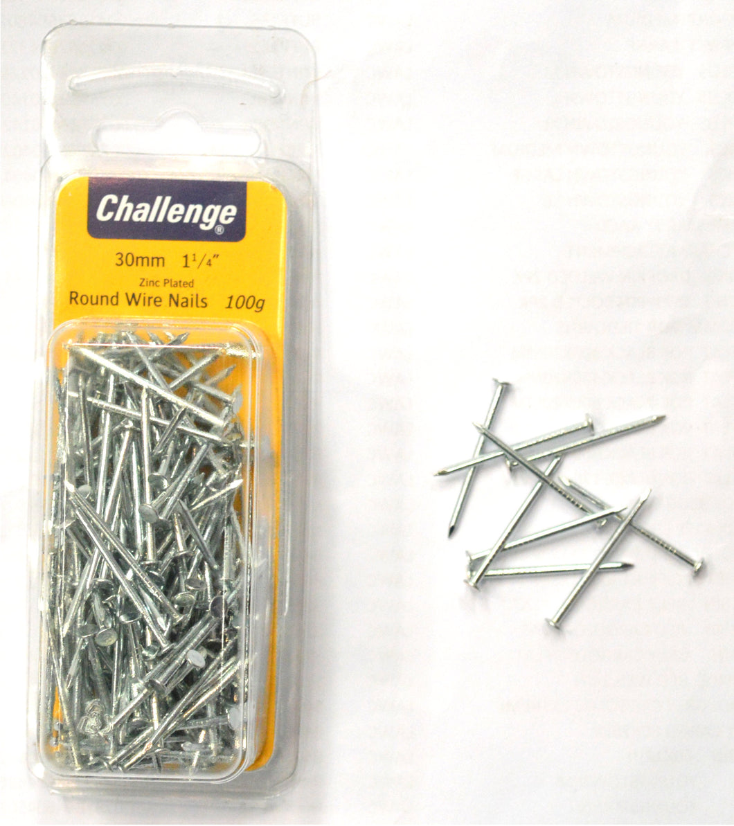 Flathead Wire Nails ZP - 100gm Blister Pack 30mm Challenge