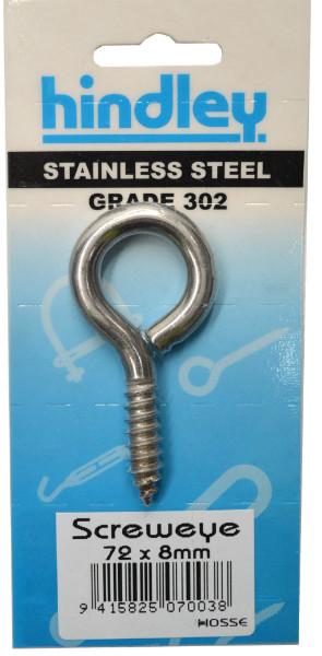 Screw Eye Stainless Steel 72mm x 8mm Carded Hindley