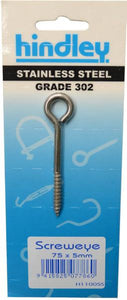 Screw Eye Stainless Steel 75mm x 5mm Carded Hindley