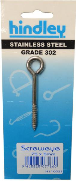 Screw Eye Stainless Steel 75mm x 5mm Carded Hindley