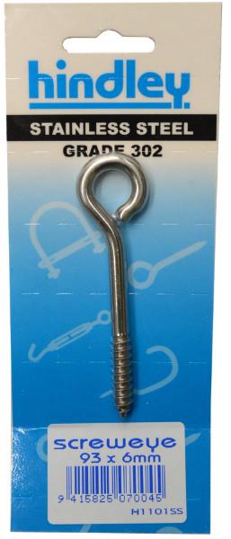 Screw Eye Stainless Steel 93mm x 6mm Carded Hindley
