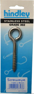 Screw Eye Stainless Steel 100mm x 8mm Carded Hindley