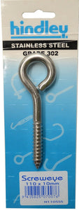 Screw Eye Stainless Steel 110mm x 10mm Carded Hindley