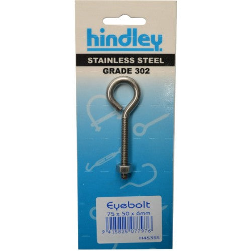 Eye Bolt Stainless Steel  6mm x 75mm Carded Hindley