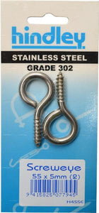 Screw Eye Stainless Steel 2-pce 55mm x 5mm Carded Hindley