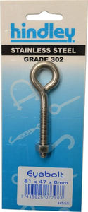 Eye Bolt Stainless Steel  8mm x 81mm Carded Hindley