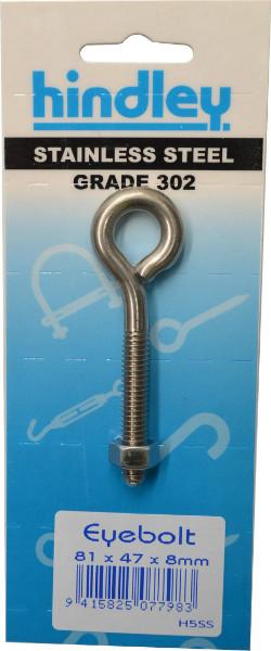 Eye Bolt Stainless Steel  8mm x 81mm Carded Hindley