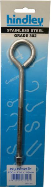 Eye Bolt Stainless Steel  10mm x 200mm Carded Hindley