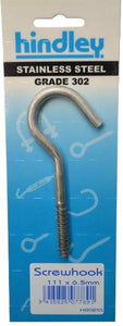 Screw Hook Stainless Steel 111mm x 6.5mm Carded Hindley