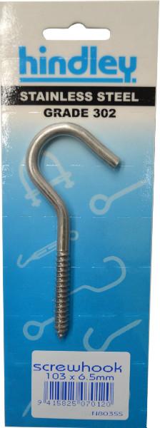 Screw Hook Stainless Steel 103mm x 6.5mm Carded Hindley