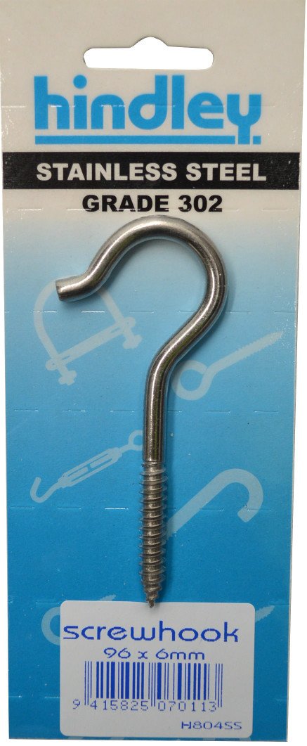 Screw Hook Stainless Steel 96mm x 6mm Carded Hindley