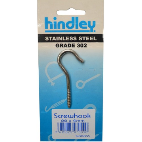 Screw Hook Stainless Steel 66mm x 5mm Carded Hindley