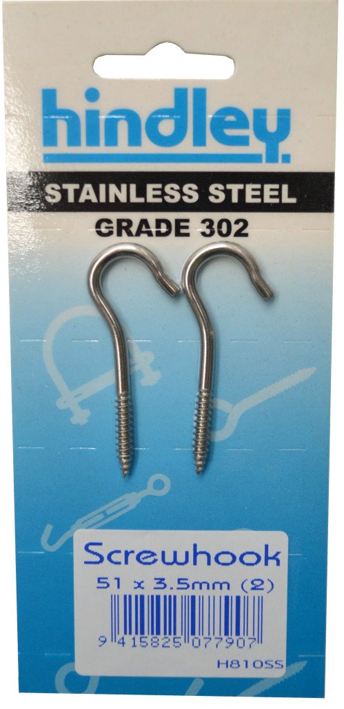 Screw Hook Stainless Steel 2-pce 51mm x 3.5mm Carded Hindley