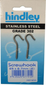 Screw Hook Stainless Steel 2-pce 25mm x 2.7mm Carded Hindley