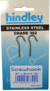 Screw Hook Stainless Steel 2-pce 37mm x 2mm Carded Hindley