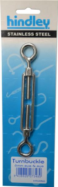 Turnbuckle Open Body Stainless Steel Eye & Eye 6mm Carded Hindley