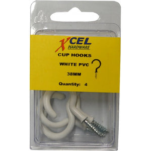 Cup Hook Round - White PVC Coated 4-pce 38mm Prepax