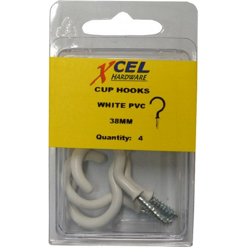 Cup Hook Round - White PVC Coated 4-pce 38mm Prepax