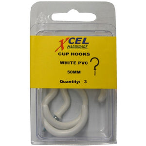 Cup Hook Round - White PVC Coated 3-pce 50mm Prepax
