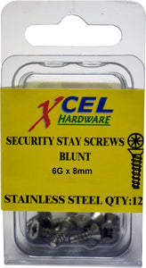 Security Stay Screws Blunt - Stainless Steel 12-pce 8mm x 6g Prepax