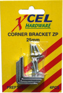 Corner Brackets - ZP with Screws 4-pce 25mm Carded Xcel