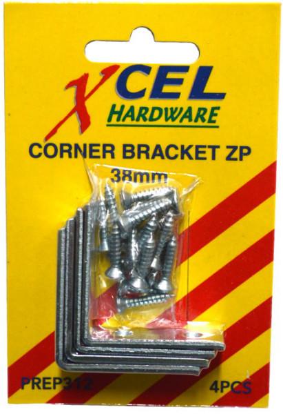 Corner Brackets - ZP with Screws 4-pce 38mm Carded Xcel