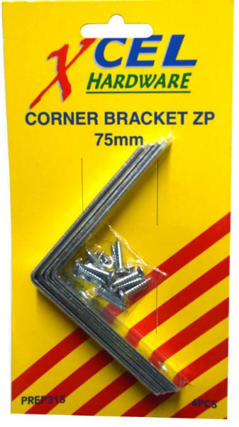 Corner Brackets - ZP with Screws 4-pce 75mm Carded Xcel