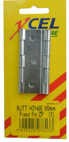 Butt Hinges - ZP Fixed Pin 2-pce 65mm Carded Xcel