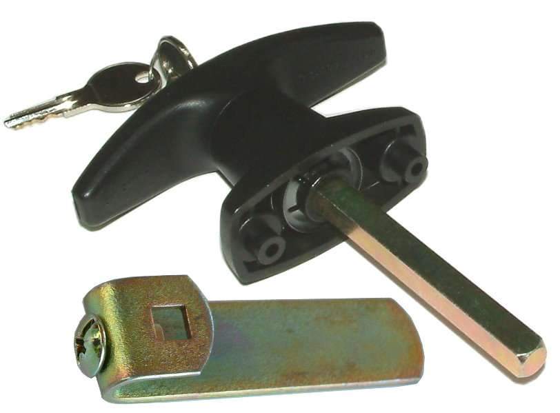 T-Handle - Locking Plastic Garden Shed Latch Front Fix 75mm Spindle Heller