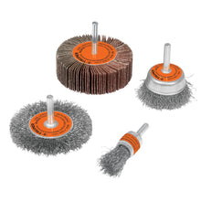 Load image into Gallery viewer, Wire Power Brush Set With Flapwheel 6mm shank 4 piece 11577 Truper