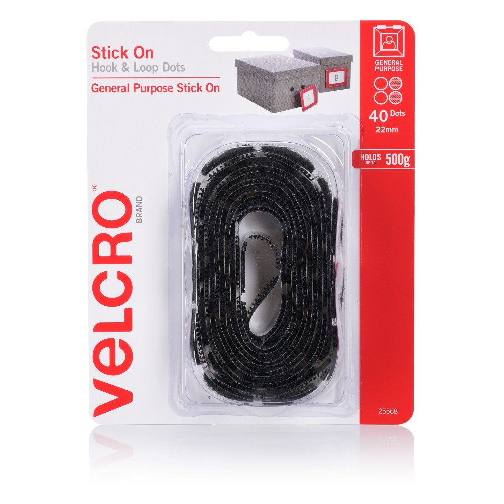 Stick on Hook & Loop Dots 22mm 40-pce Black Velcro