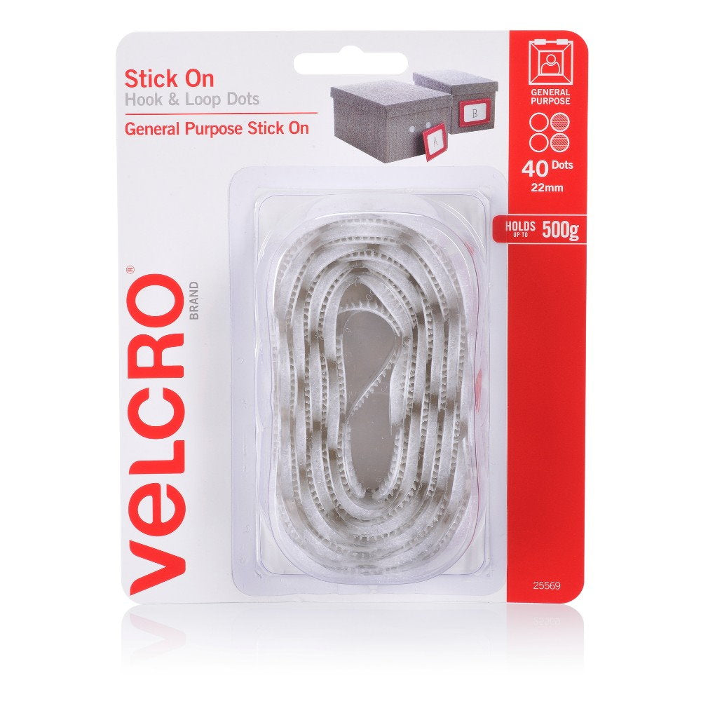 Stick on Hook & Loop Dots 22mm 40-pce White Velcro