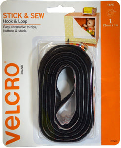 Stick & Sew Hook & Loop 25mm x 1m Black Velcro