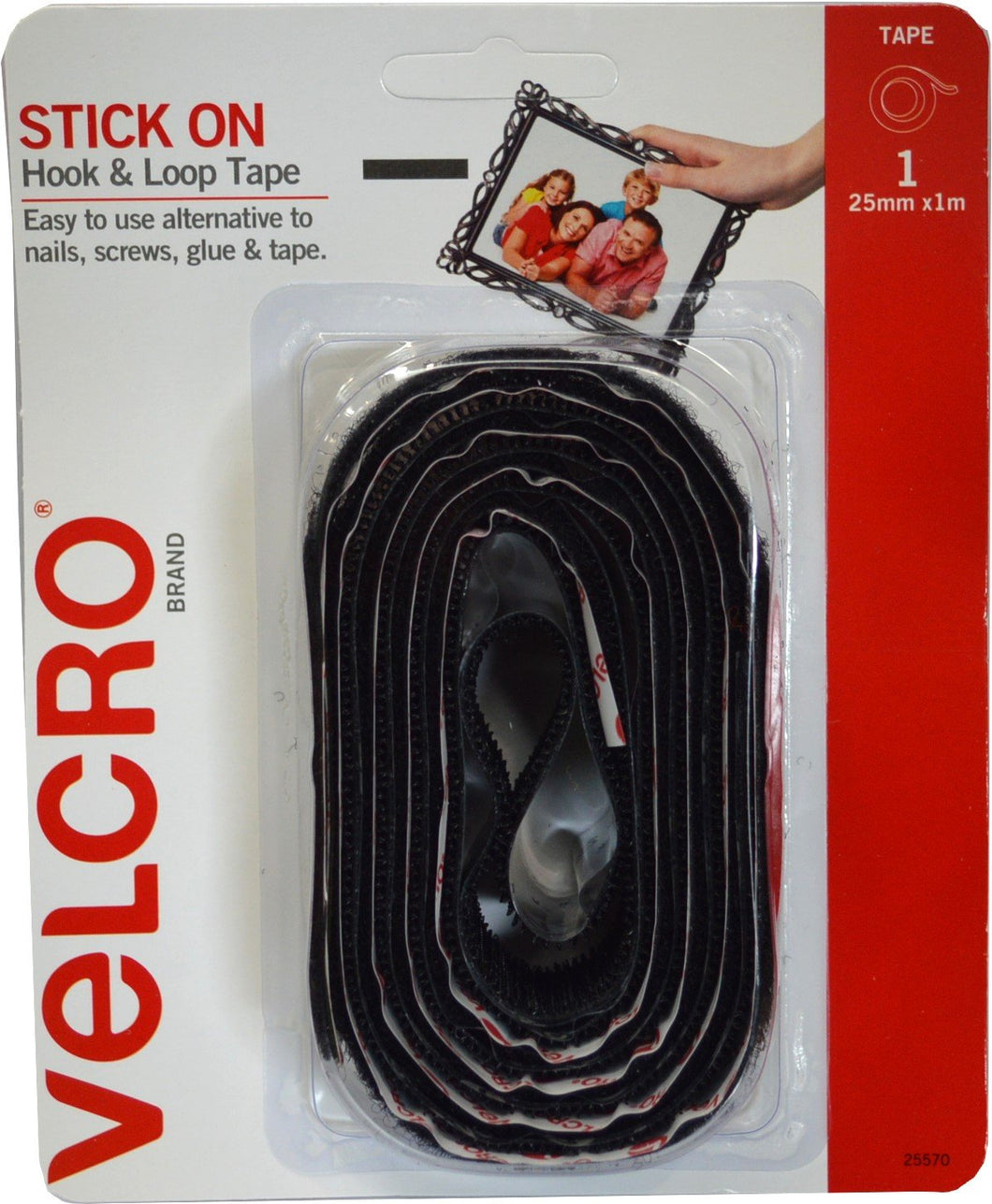 Stick on Hook & Loop Tape 25mm x 1m Black Velcro