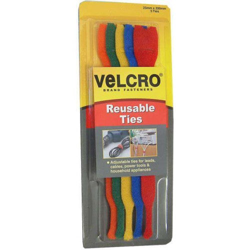 Reusable Ties 5-pce Assorted Colours 200mm Velcro
